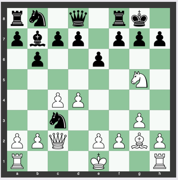 Monticelli Trap - 1. d4 Nf6 2. c4 e6 3. Nf3 Bb4+ 4. Bd2 Bxd2+ 5. Qxd2 b6 6. g3 Bb7 7. Bg2 O-O 8. Nc3 Ne4 9. Qc2 Nxc3 10. Ng5!