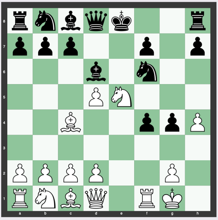 Rice Gambit - 1. e4 e5 2. f4 exf4 3. Nf3 g5 4. h4 g4 5. Ne5 Nf6 6. Bc4 d5 7. exd5 Bd6 8. O-O