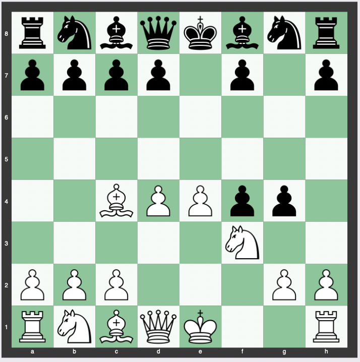Ghulam Kassim Gambit - 1. e4 e5 2. f4 exf4 3. Nf3 g5 4. Bc4 g4 5. d4