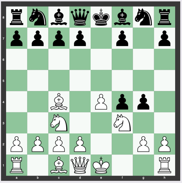 McDonnell Gambit - 1. e4 e5 2. f4 exf4 3. Nf3 g5 4. Bc4 g4 5. Nc3