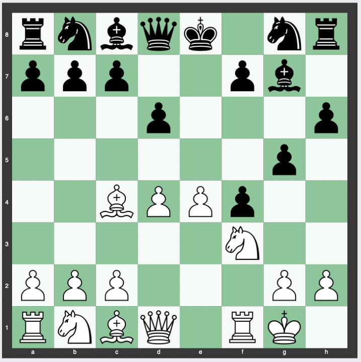 Hanstein Gambit - 1. e4 e5 2. f4 exf4 3. Nf3 g5 4. Bc4 Bg7 5. d4 d6 6. O-O h6