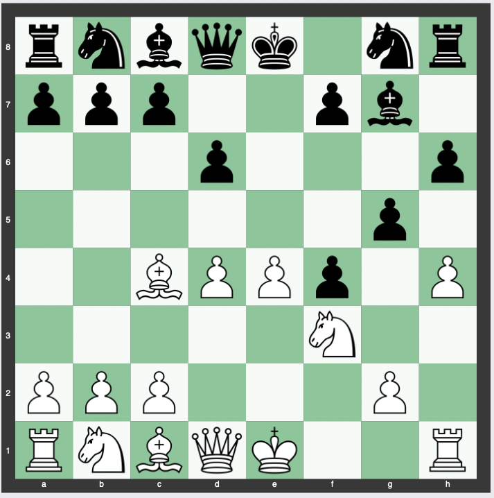 Philidor Gambit - 1. e4 e5 2. f4 exf4 3. Nf3 g5 4. Bc4 Bg7 5. h4 h6 6. d4 d6