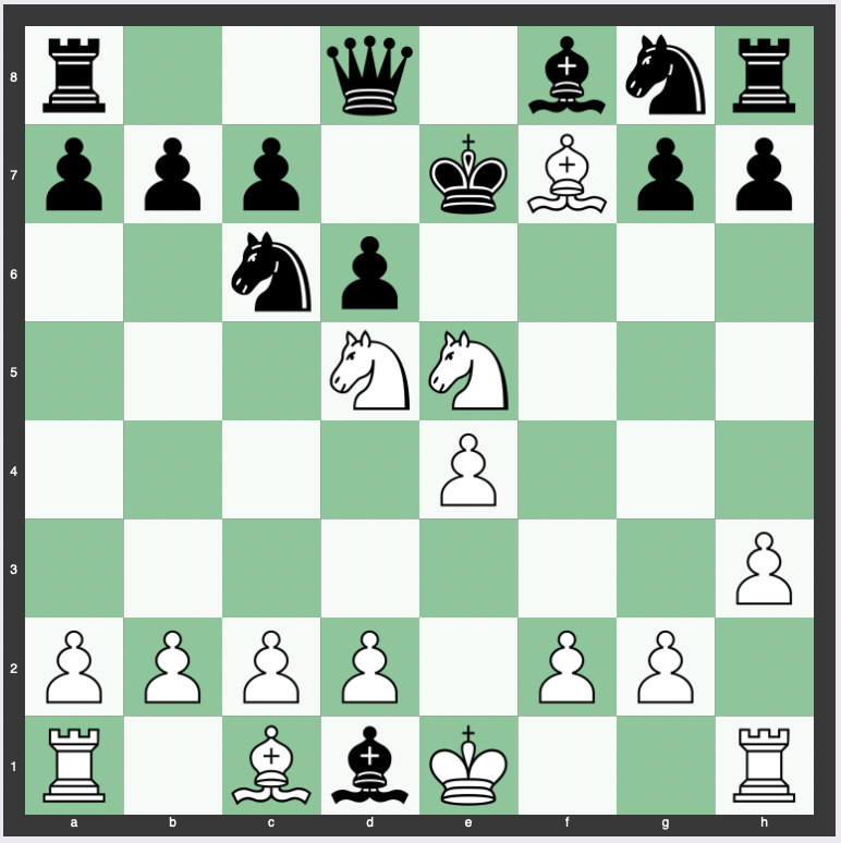 Légal Trap or Blackburne Trap - 1. e4 e5 2. Nf3 Nc6 3. Bc4 d6 4. Nc3 Bg4 5. h3 Bh5 6. Nxe5 Bxd1 7. Bxf7+ Ke7 8. Nd5#