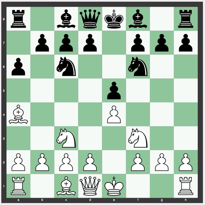 Ruy Lopez Four Knights Variation: 1. e4 e5 2. Nf3 Nc6 3. Bb5 a6 4. Ba4 Nf6 5. Nc3