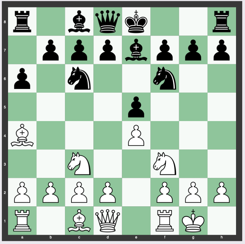 Morphy Attack (Ruy Lopez Theory): 1. e4 e5 2. Nf3 Nc6 3. Bb5 a6 4. Ba4 Nf6 5. O-O Be7 6. Nc3