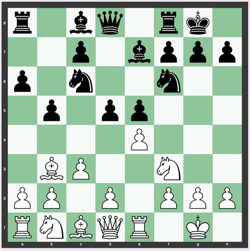 Marshall Attack (Ruy Lopez Theory): 1. e4 e5 2. Nf3 Nc6 3. Bb5 a6 4. Ba4 Nf6 5. O-O Be7 6. Re1 b5 7. Bb3 O-O 8. c3 d5