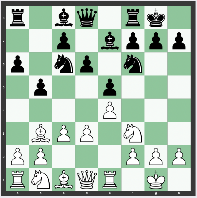 Pilnik Variation (Ruy Lopez Theory): 1. e4 e5 2. Nf3 Nc6 3. Bb5 a6 4. Ba4 Nf6 5. O-O Be7 6. Re1 b5 7. Bb3 d6 8. c3 O-O 9. d3