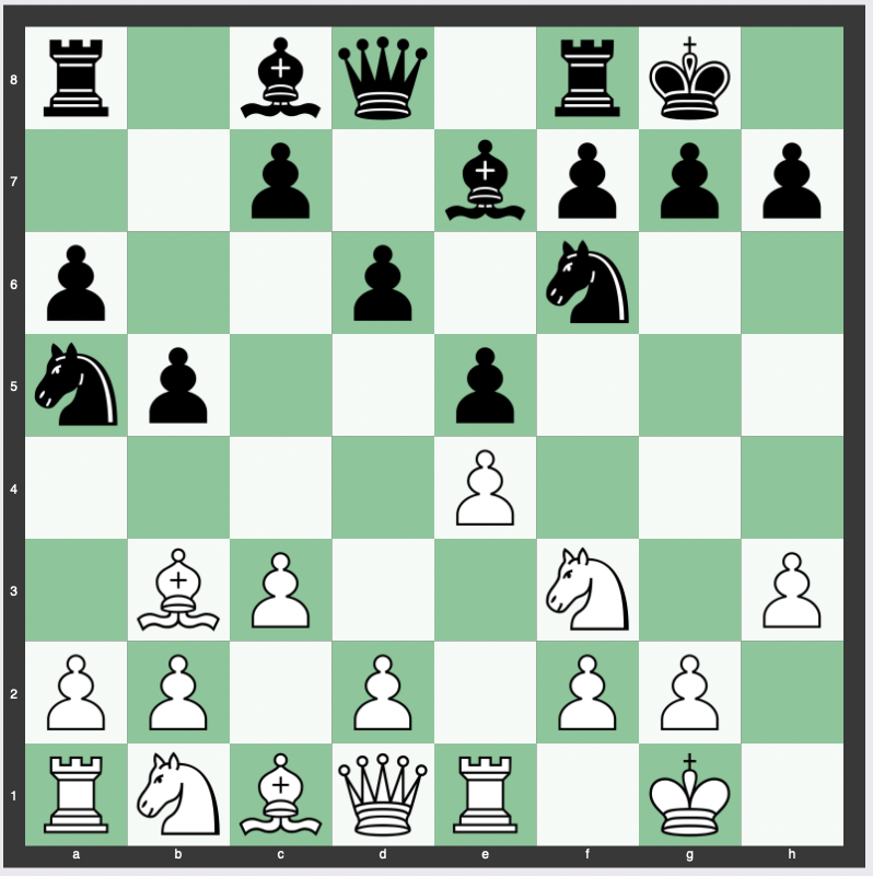 Chigorin Variation - 1. e4 e5 2. Nf3 Nc6 3. Bb5 a6 4. Ba4 Nf6 5. O-O Be7 6. Re1 b5 7. Bb3 d6 8. c3 O-O 9. h3 Na5