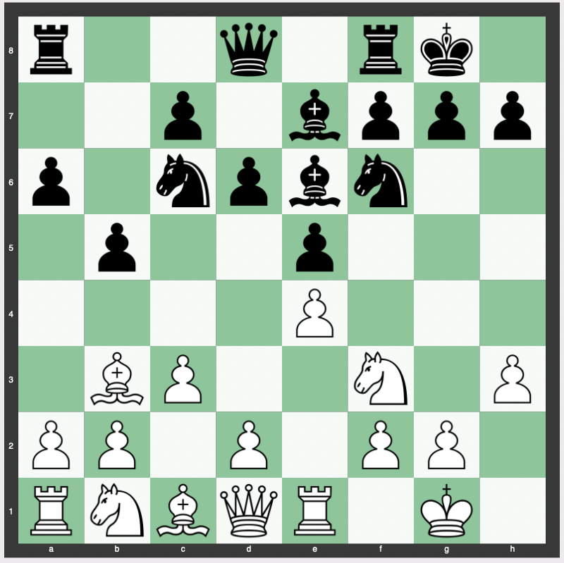 Kholmov Variation (Ruy Lopez Theory): 1. e4 e5 2. Nf3 Nc6 3. Bb5 a6 4. Ba4 Nf6 5. O-O Be7 6. Re1 b5 7. Bb3 d6 8. c3 O-O 9. h3 Be6