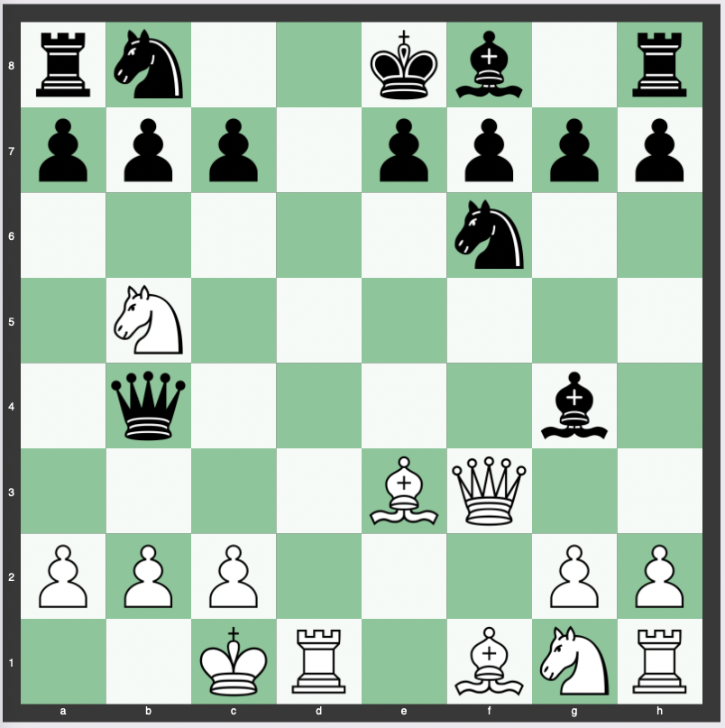 Halosar Trap - 1. d4 d5 2. e4 dxe4 3. Nc3 Nf6 4. f3 exf3 5. Qxf3 Qxd4 6. Be3 Qb4 7. O-O-O Bg4 8. Nb5