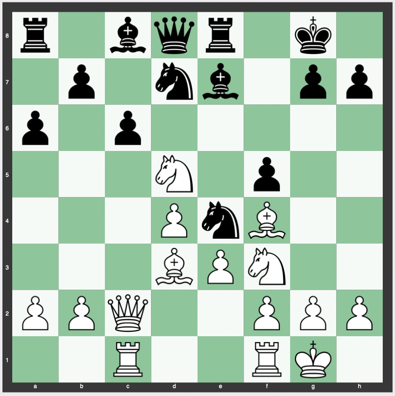Queen's Gambit Declined, Rubinstein Trap - 1. d4 d5 2. Nf3 Nf6 3. c4 e6 4. Bg5 Nbd7 5. e3 Be7 6. Nc3 O-O 7. Rc1 Re8 8. Qc2 a6 9. cxd5 exd5 10. Bd3 c6 11. O-O Ne4 12. Bf4 f5 13. Nxd5