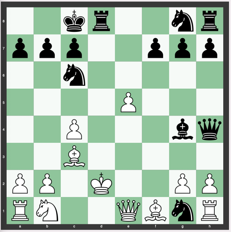 Lasker Trap - 1. d4 d5 2. c4 e5 3. dxe5 d4 4. e3 Bb4+ 5. Bd2 dxe3 6. Bxb4 exf2+ 7. Ke2 fxg1=N+ 8. Ke1 Qh4+ 9. Kd2 Nc6 10. Bc3 Bg4 11. Qe1 O-O-O+