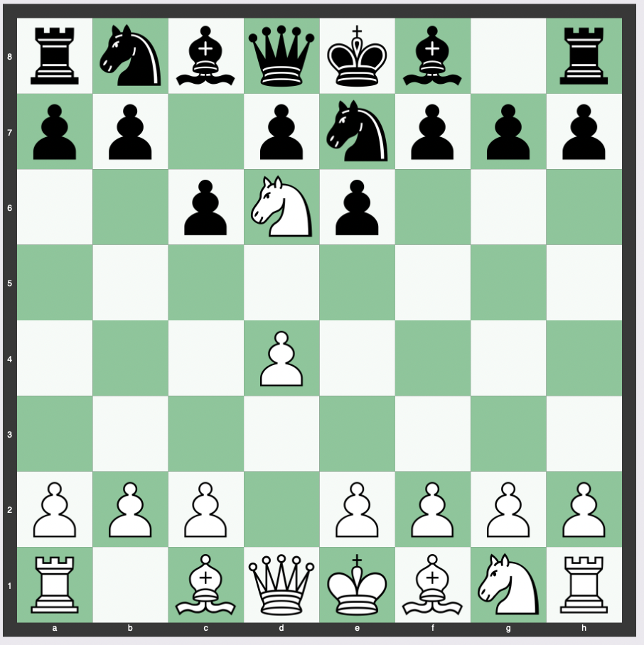 4-Move Smother Mate - 1. Nc3 e6 2. Nb5 Ne7 3. d4 c6 4. Nd6#