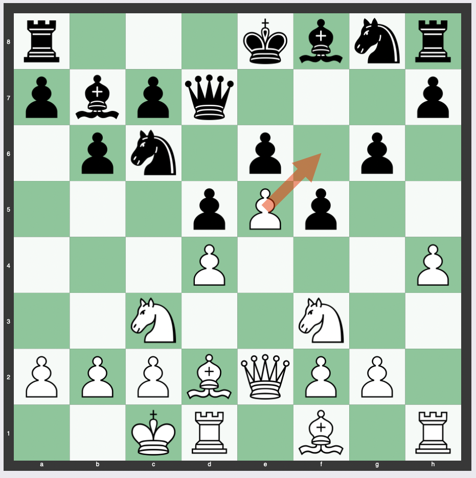 En Passant Example - 1. e4 Nc6 2. Qe2 b6 3. Nf3 Bb7 4. e5 g6 5. d4 d6 6. Nc3 Qd7 7. Bd2 d5 8. O-O-O e6 9. h4 f5 10. exf6