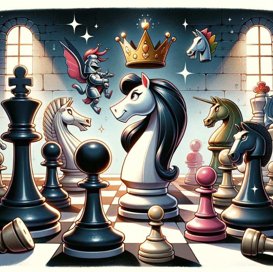 Chessboard with queen delivering a checkmate victory