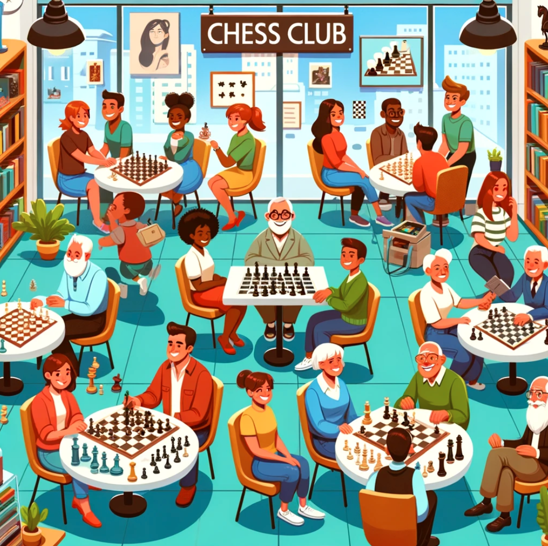 Here is the cartoon image of a bustling chess business, showcasing a lively and diverse atmosphere with various chess-related activities.