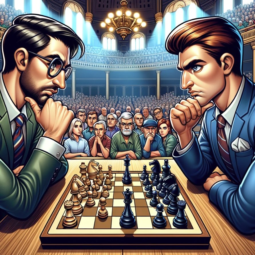 image of two professional chess players engaged in an intense match