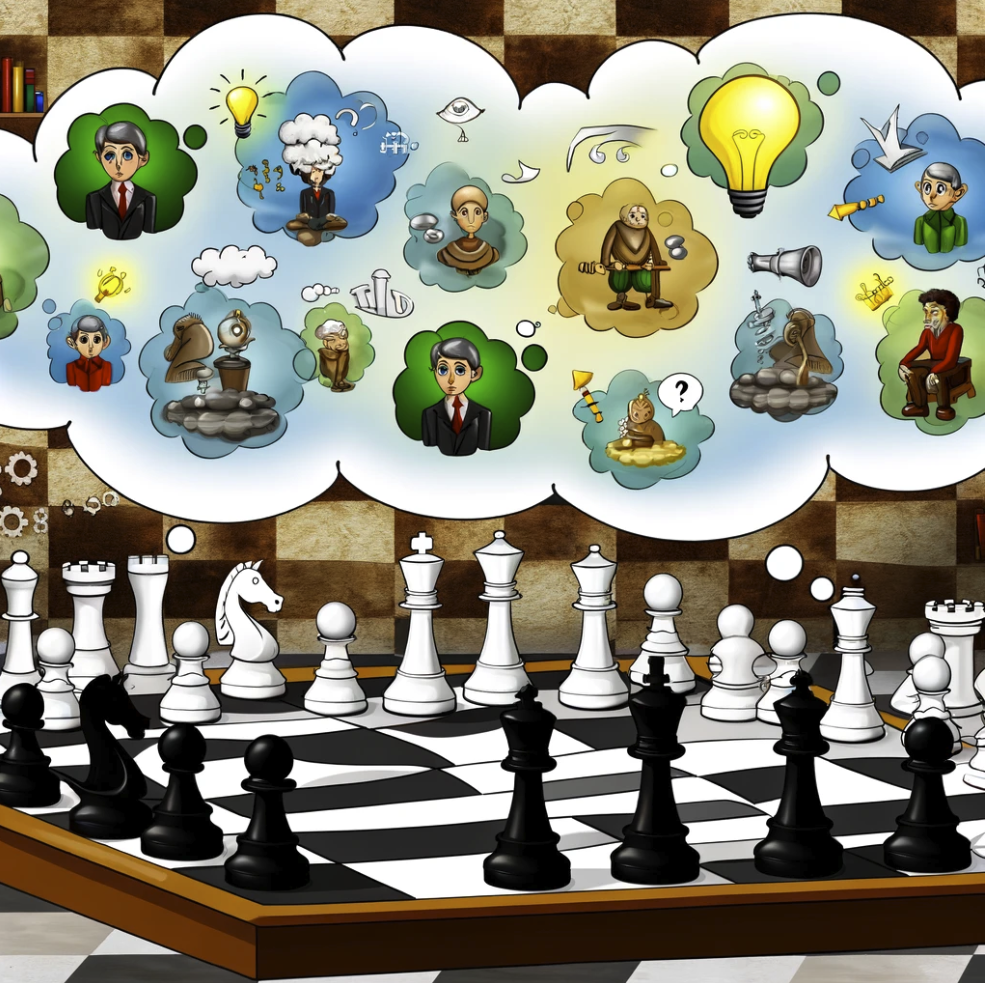 image depicting the concept of chess philosophy, featuring animated chess pieces on a board, each representing different philosophical ideas or principles. The scene captures a whimsical and imaginative take on strategic thought and contemplation, set against an abstract thinker's space